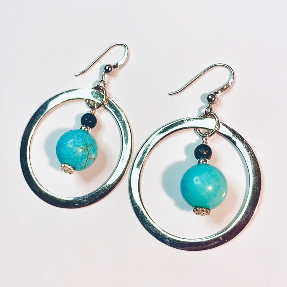 Silver, turquoise & lapis hoop earrings.